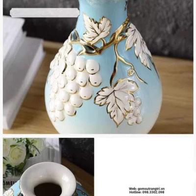 BỘ 3 BÌNH BĂNG SỨ XANH HỌA TIẾT CHÙM NHO